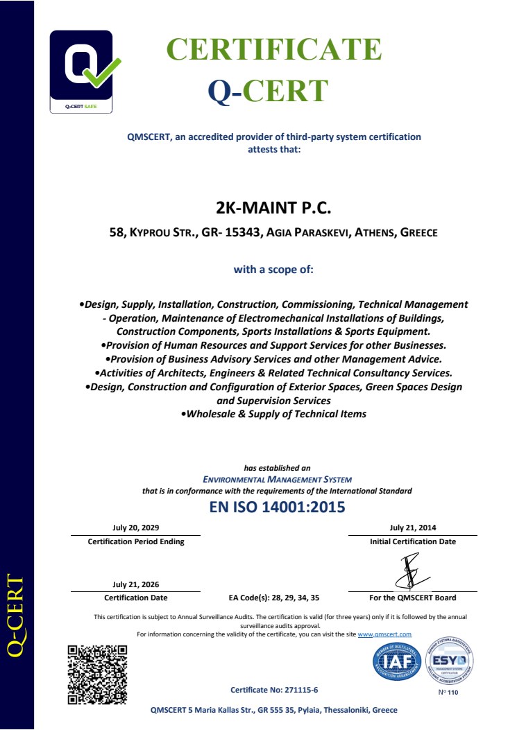 Certificate 2K-MAINT ISO 14001:2015 — English version