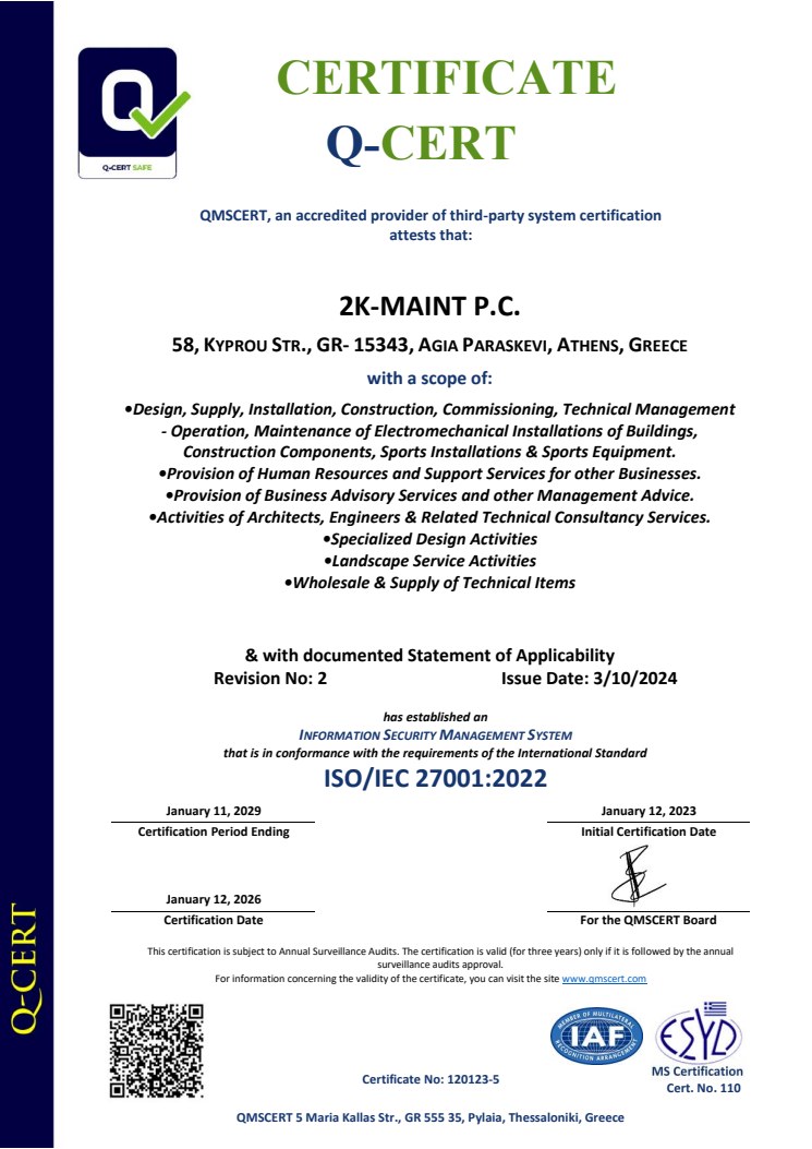 Certificate 2K-MAINT ISO/IEC 27001:2022 — English version