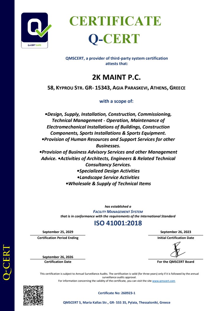 Certificate 2K-MAINT ISO 41001:2018 — English version
