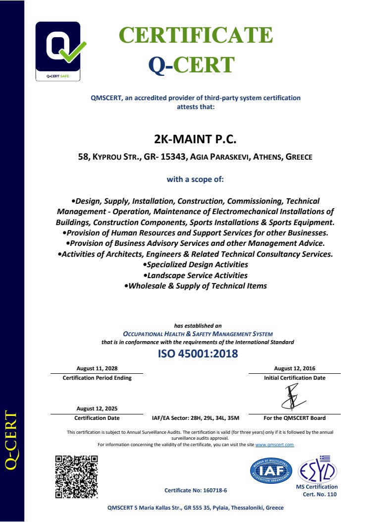 Certificate 2K-MAINT ISO 45001:2018 — English version