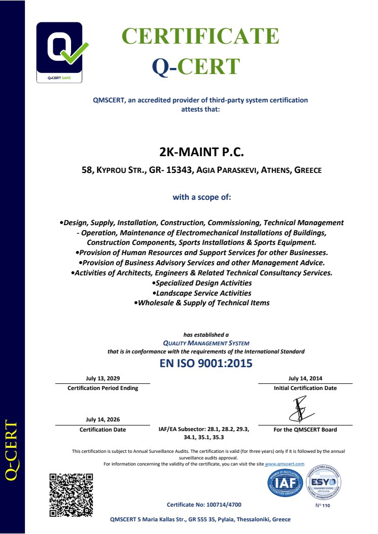 Certificate 2K-MAINT ISO 9001:2015 — English version